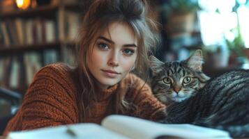 A young woman sits by a window in a library, gazing at the camera while holding a book. Her cat lounges beside her, creating a peaceful and inviting atmosphere. photo
