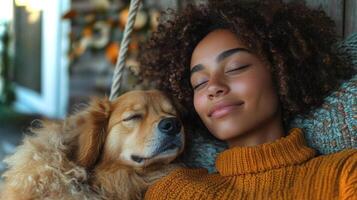 A woman relaxes in a swing with her eyes closed, enjoying the warmth of the sun. Her dog rests peacefully against her, creating a moment of tranquility in a natural environment. photo