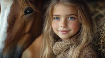 A young girl with long hair and bright blue eyes stands next to a horse, smiling gently while surrounded by hay. The warm light of late afternoon highlights her joyful expression. photo