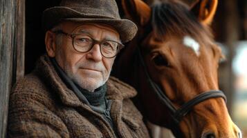 An elderly man stands close to a horse, both framed by the rustic wooden structure of the stable. Late afternoon sunlight softly illuminates the scene, creating a warm atmosphere. photo