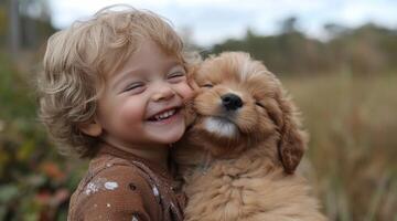 A cheerful child with curly hair smiles widely while cuddling a fluffy puppy. They are surrounded by nature, showcasing the bond between them in a serene autumn atmosphere. photo