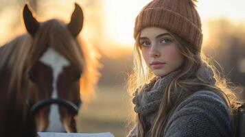 A girl with long hair dressed in warm clothing sits near a horse as the sun sets in the background, casting a golden glow over the autumn landscape. photo