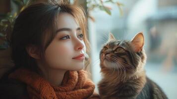 A woman sits by a window enjoying a tranquil moment with her cat, who looks up at her affectionately, surrounded by soft natural light and greenery. photo
