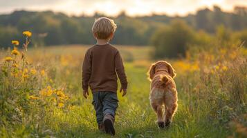 A young child strolls down a tranquil path with a furry dog by his side, enjoying a beautiful evening in a scenic field filled with vibrant flowers and soft sunlight. photo