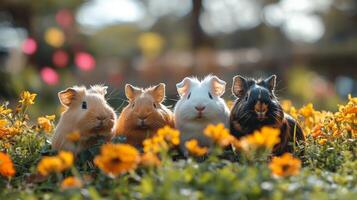 Four adorable guinea pigs with varying fur colors are gathered in a lush garden, filled with bright marigold flowers while enjoying the warm afternoon sun. photo