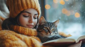 A young woman sits by a window on a snowy winter day, absorbed in a book while her cat comfortably rests in her lap, surrounded by a warm atmosphere and soft lighting. photo