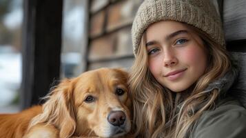A girl with long hair and a knit hat sits beside her golden retriever in a warm, rustic space, showcasing a bond of companionship on a cold day. photo