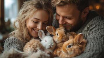 A joyful couple cuddles several rabbits, showcasing their love for pets in a cozy indoor space adorned with soft lighting and a relaxed atmosphere during autumn. photo