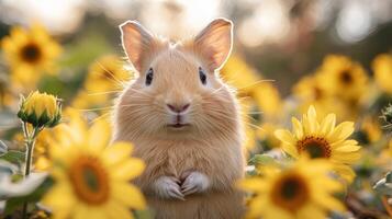 A fluffy rabbit stands in a colorful field filled with sunflowers, enjoying the warm sunlight on a beautiful day. Its curious expression adds charm to the lively setting. photo