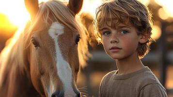 A young boy gazes thoughtfully while standing next to a horse during sunset. The warm light highlights their peaceful bond in a serene outdoor setting. photo