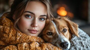 A woman wraps herself and her dog in warm blankets, enjoying a tranquil evening by a crackling fireplace, radiating comfort and companionship. photo