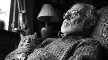 In a tranquil indoor setting, an elderly man relaxes in a chair, thoughtfully gazing into the distance while a cat sleeps comfortably on his lap, creating a peaceful atmosphere. photo