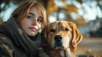 A girl sits closely next to a golden retriever, both enjoying the warm sunlight of an autumn day in a vibrant park. The trees are adorned with yellow and orange leaves, creating a cozy atmosphere. photo