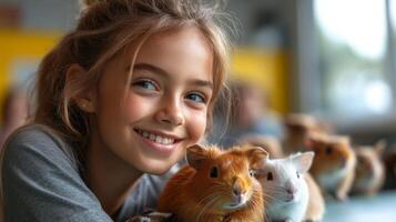 A young girl sits at a table in a colorful classroom, beaming with joy. She is surrounded by guinea pigs while engaging in an animal care activity with other children. photo