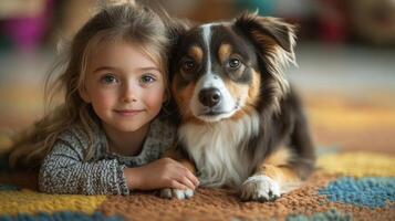 A cheerful young girl lies on a colorful rug next to her loyal dog. They share a close bond, showcasing warmth and affection in a cozy indoor setting. photo