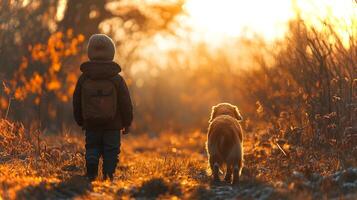 A young child and a golden retriever stroll down a sunlit path, surrounded by tall grass and trees, enjoying the warm glow of the evening light in a peaceful countryside photo