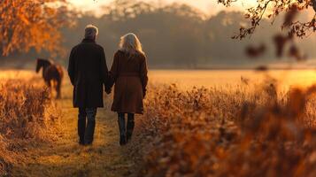 Two people stroll together along a path lined with autumn foliage as the sun sets, creating a warm glow and peaceful atmosphere in the countryside. photo