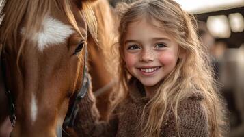 A young girl with long wavy hair beams with joy while gently touching her brown horse in a barn. The setting sun casts a warm glow, enhancing the connection between them. photo