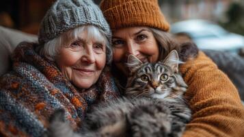 Two women, one elderly and one middle aged, embrace each other and a fluffy cat while sitting on a sofa in a warm indoor setting during winter. photo