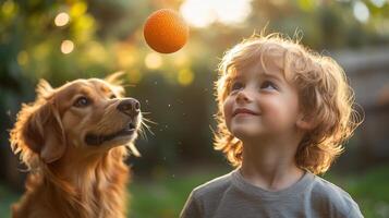 A young child watches an orange ball in mid air with a golden retriever nearby. The setting is a lush garden during a sunny afternoon, creating a joyful atmosphere. photo
