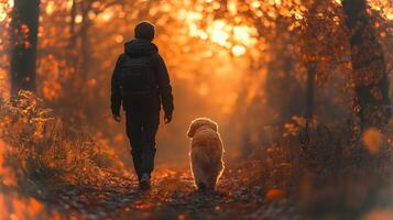 A person and a golden retriever stroll together along a wooded path, surrounded by vibrant autumn foliage as the sun sets in the background, creating a warm, golden glow. photo