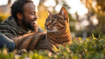 A man lies on his stomach in a park, smiling as he enjoys the company of his brown tabby cat. The warm glow of sunset enhances the tranquil atmosphere. photo