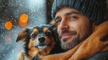 A man with a warm smile holds a small dog close while snow gently falls outside. Soft glowing lights fill the background, creating a cozy winter atmosphere. photo