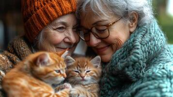 Two smiling older women share a tender moment while cradling cuddly orange cats in a warm, inviting atmosphere filled with affection and friendship. photo