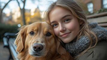 A girl smiles while gently resting her head against her golden retriever in a park filled with autumn leaves, capturing a moment of joy and companionship. photo