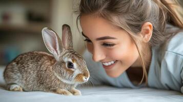 A young woman is leaning over to a bunny with a bright smile on her face, highlighting the warmth of friendship between humans and animals. Natural light fills the room, creating a soft atmosphere. photo