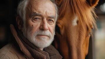 An elderly man with a gray beard looks thoughtfully while leaning against a horse in a rustic barn. The warm, golden hour light adds a serene atmosphere to this intimate setting. photo