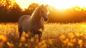 A horse with a long mane stands gracefully in a vibrant field filled with yellow flowers as the sun sets behind trees, casting a warm glow across the landscape. photo