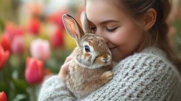 A young girl smiles while cuddling a fluffy bunny in a garden filled with colorful tulips, enjoying a serene moment in the spring sunshine. photo