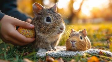 A child is gently holding a colorful easter egg next to a rabbit and a guinea pig, sitting on a soft blanket in a sunny park setting filled with autumn colors. photo