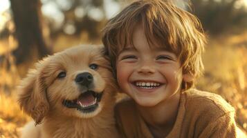 A young boy beams with joy while cuddling a fluffy puppy amidst golden autumn foliage. The warm sunlight enhances the playful atmosphere of their moment together. photo