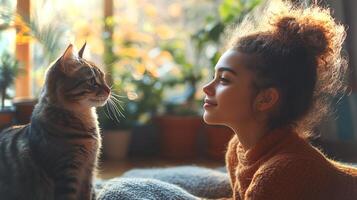 A young girl in a cozy sweater sits on a soft rug gazing with affection at her curious cat. Sunlight streams through the window illuminating their joyful connection. photo