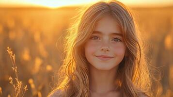 A young girl stands in a sunlit field, her wavy hair catching the warm glow of the golden hour. She smiles gently, embodying tranquility and joy in the beautiful landscape around her. photo
