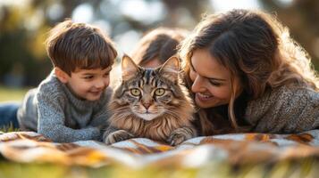 Two children and a woman lie on a blanket in the park, smiling as they interact with their fluffy cat amidst green grass and sunlight. photo