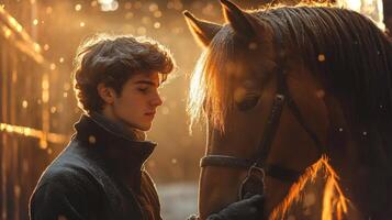 A young man stands quietly in a rustic stable, gazing affectionately at a chestnut horse. Warm golden light filters through, creating a serene atmosphere with soft snowflakes falling around. photo