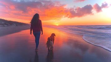 A person walks barefoot on a wet beach beside a golden retriever as the sun sets, casting vibrant colors across the sky and reflecting on the water. photo