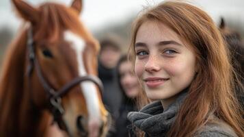 A girl with long red hair is smiling while standing next to a brown horse. The atmosphere is relaxed with people gathered in the background on a cloudy day. photo