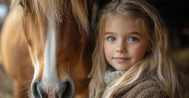 A young girl with long, light hair smiles while standing close to a horse in a rustic barn. Soft afternoon light highlights the peaceful connection between them. photo