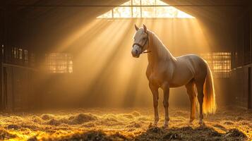 A white horse stands gracefully on straw inside a barn, bathed in warm golden light from sun rays filtering through the structure, exuding tranquility and beauty in the morning photo