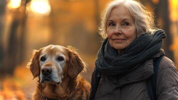 An elderly woman walks through a forest filled with colorful autumn leaves alongside her golden retriever. Sunlight filters through the trees, creating a warm atmosphere. photo