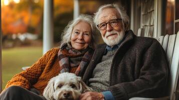 A couple in their golden years relaxes on a cozy porch with their dog during a sunny autumn afternoon, surrounded by vibrant leaves and a peaceful landscape. photo
