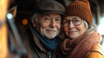An elderly couple stands closely, smiling gently at each other in a inviting environment. The woman wears a cozy hat and scarf, while the man has a warm, friendly expression. photo