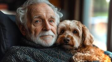 An older gentleman relaxes in a comfortable chair, gently cradling his small dog. Sunlight filters through the window, creating a warm atmosphere filled with tranquility. photo