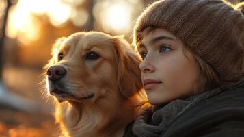 A child sits beside a golden retriever in an autumn park, admiring the sunset. The warm light creates a serene atmosphere filled with falling leaves. photo