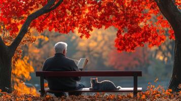 An elderly man reads a book seated on a bench in a park. A cat rests nearby as colorful autumn leaves create a serene atmosphere and warm sunlight filters through the trees. photo