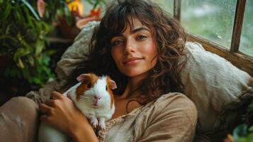 A young woman sits comfortably in a softly lit room, cradling a guinea pig in her arms. The atmosphere is warm and filled with plants, creating a serene environment. photo